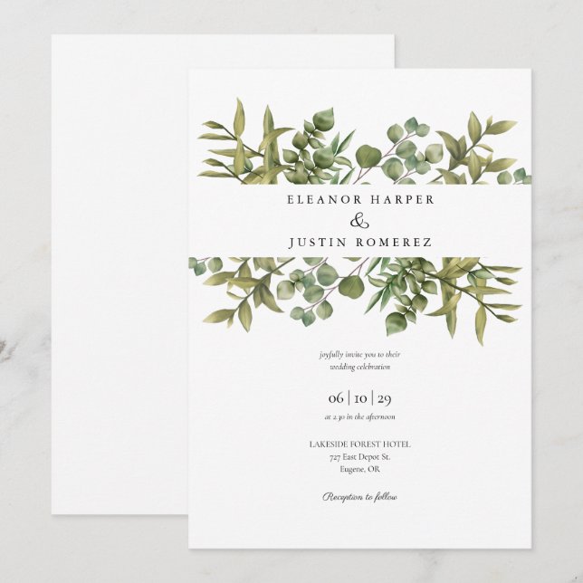 Invitación Boda de vegetación de eucalipto del bosque (Anverso / Reverso)