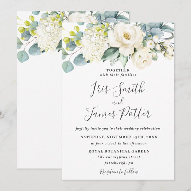 Invitación Boda de vegetación de eucalipto floral blanco marf (Anverso / Reverso)