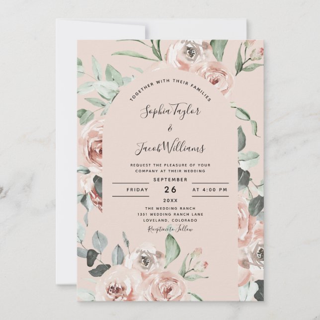 Invitación Boda de vegetación de eucalipto rosa de floral ros (Anverso)
