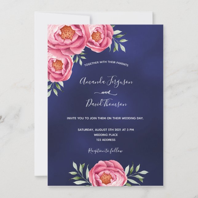 Invitación Boda de vegetación de flores azul marino (Anverso)