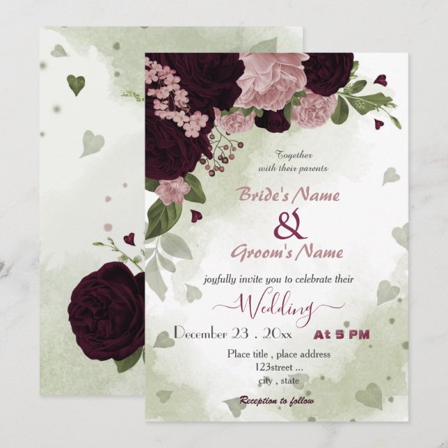 Invitación boda de vegetación de flores de ciruela rosa de bo (Anverso / Reverso)