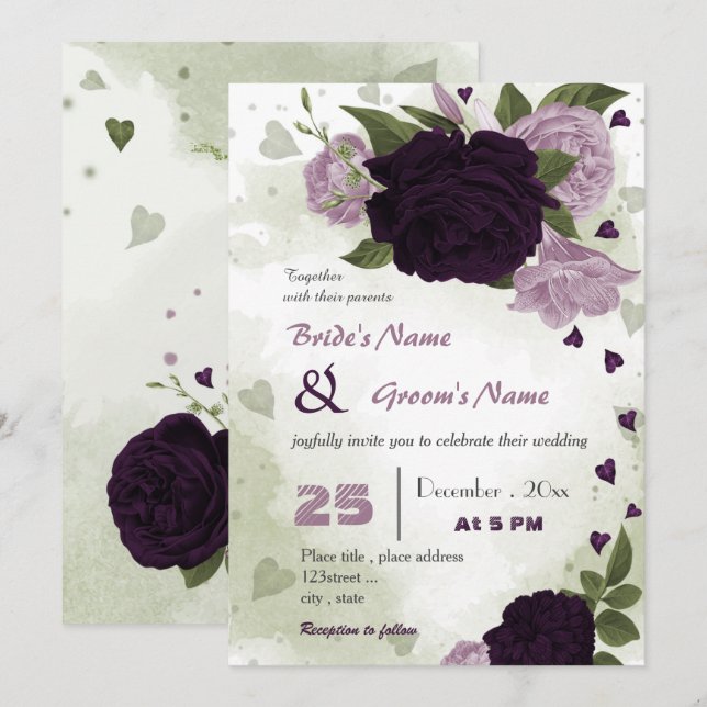 Invitación boda de vegetación de flores moradas oscuras y cla (Anverso / Reverso)