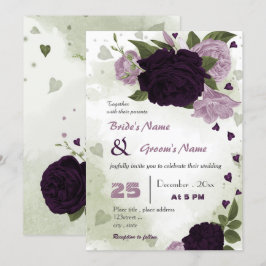 Invitación boda de vegetación de flores moradas oscuras y cla