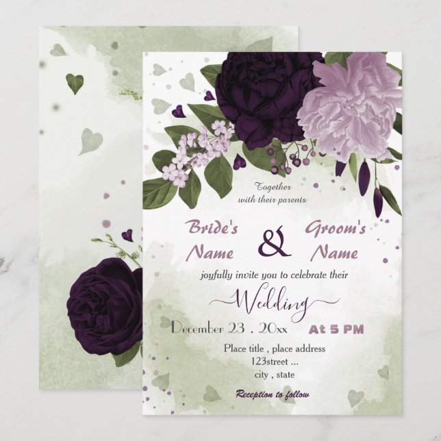 Invitación boda de vegetación de flores moradas oscuras y cla (Anverso / Reverso)
