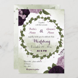 Invitación boda de vegetación de flores moradas oscuras y cla