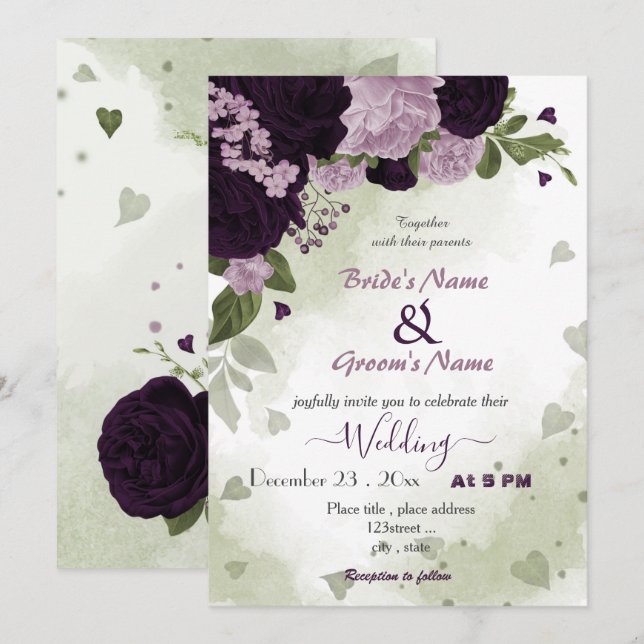 Invitación boda de vegetación de flores moradas oscuras y cla (Anverso / Reverso)