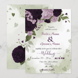 Invitación boda de vegetación de flores moradas oscuras y cla