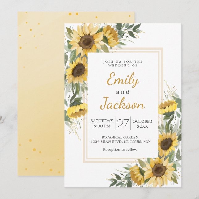 Invitación Boda de vegetación de girasol acuarela  (Anverso / Reverso)