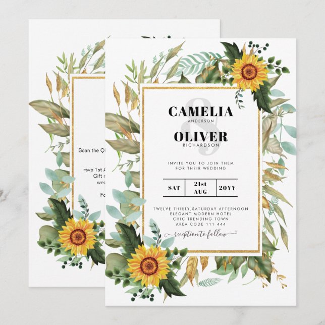 Invitación BODA de vegetación de girasoles rústicos todo en 1 (Anverso / Reverso)