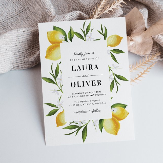 Invitación boda de vegetación de limones de acuarela moderna (Subido por el creador)