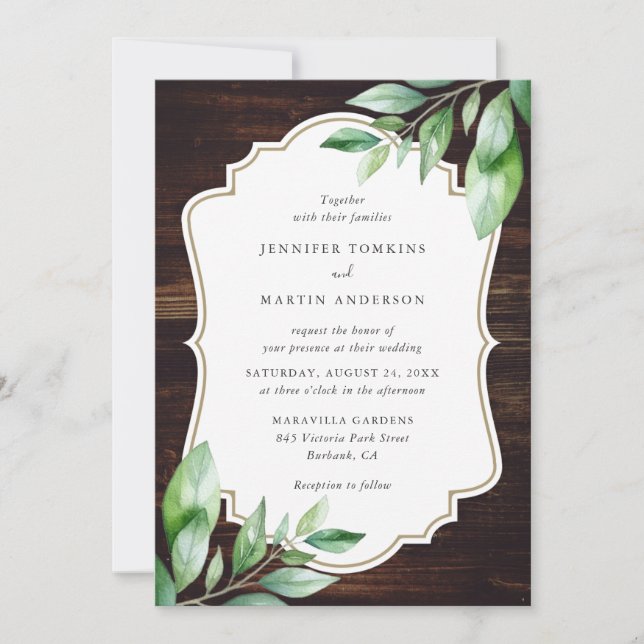 Invitación Boda de vegetación de madera rústica (Anverso)