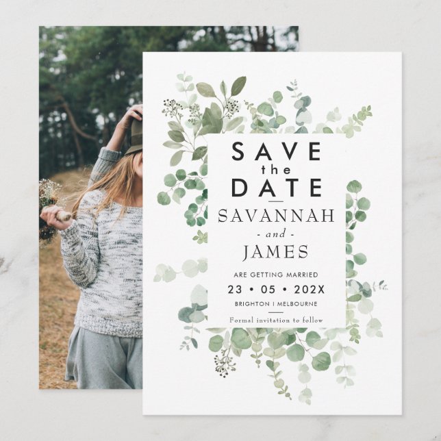 Invitación Boda de vegetación de marco Eucalyptus Guardar La  (Anverso / Reverso)