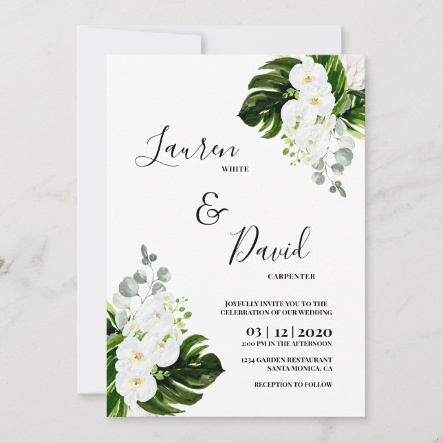 Invitación Boda de vegetación de orquídeas blancas tropicales (Anverso)