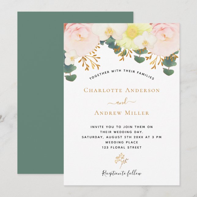 Invitación boda de vegetación dorada de flores blancas de Rub (Anverso / Reverso)