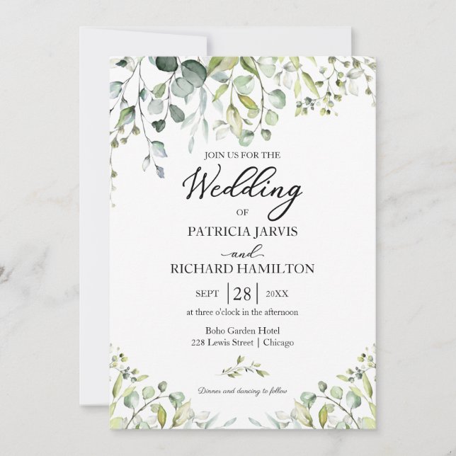Invitación Boda de vegetación elegante de eucalipto (Anverso)