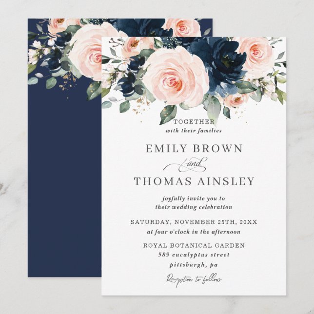Invitación Boda de vegetación floral azul de la Marina Rustic (Anverso / Reverso)