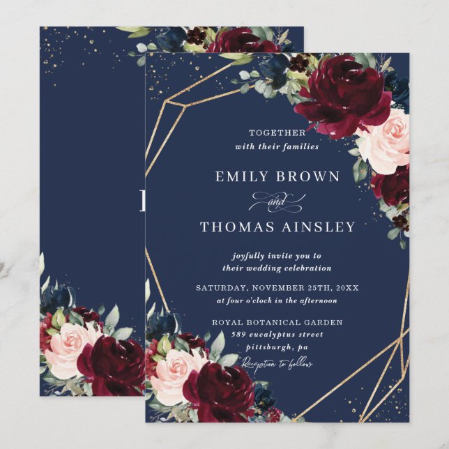 Invitación Boda de vegetación floral azul de la Marina Rustic (Anverso / Reverso)