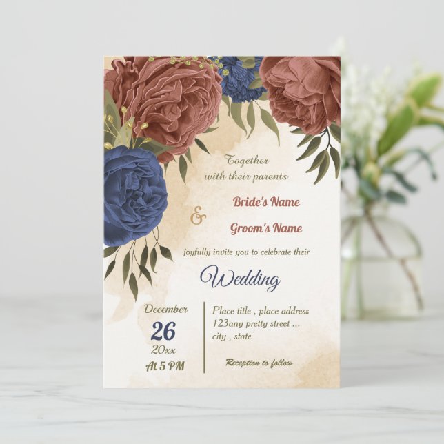Invitación boda de vegetación floral azul marino terracota (Anverso de pie)