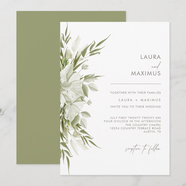 Invitación Boda de vegetación floral blanca (Anverso / Reverso)