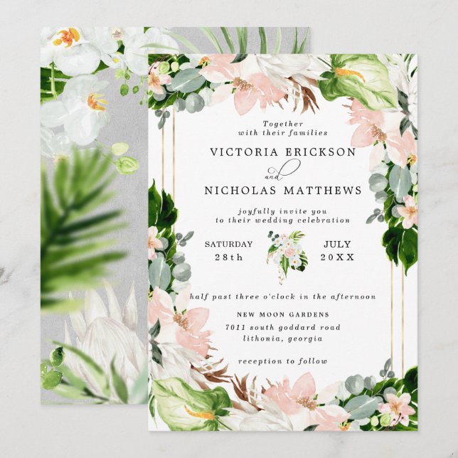 Invitación Boda de vegetación floral blanca rosada de Rubor t (Anverso / Reverso)