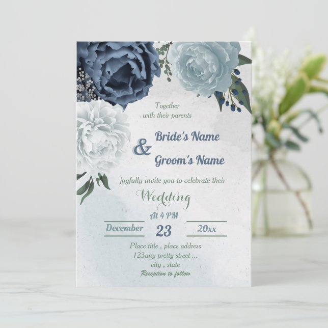 Invitación boda de vegetación floral blanca y azul (Anverso de pie)