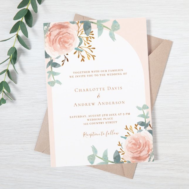 Invitación boda de vegetación floral de arco dorado Rosa (Subido por el creador)