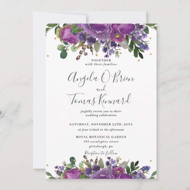 Invitación Boda de vegetación floral de ciruela morada (Anverso)