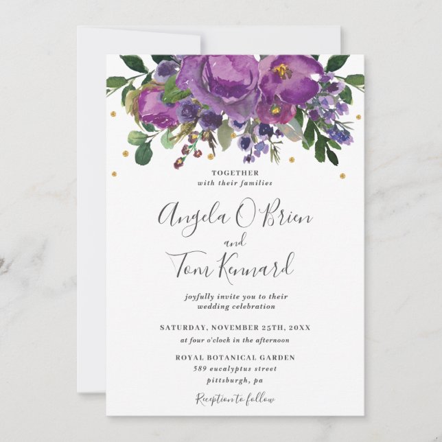 Invitación Boda de vegetación floral de ciruela morada (Anverso)