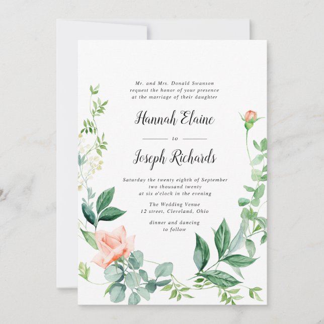 Invitación boda de vegetación floral de durazno pintado (Anverso)