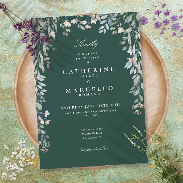 Invitación Boda de vegetación floral de flores silvestres ver (Emerald Green Wildflowers Floral Greenery Wedding Invitation)