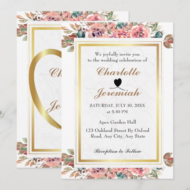 Invitación Boda de vegetación floral de marco dorado rosado R (Anverso / Reverso)