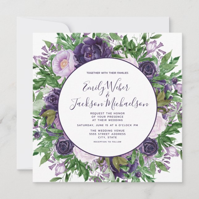 Invitación Boda de vegetación floral de Plum Purple Lavender (Anverso)