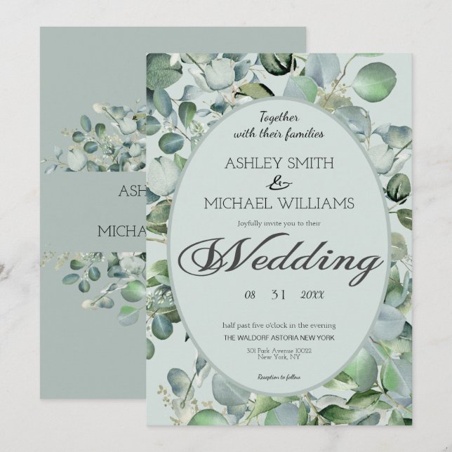 Invitación Boda de vegetación floral enmarcada Eucalyptus (Anverso / Reverso)
