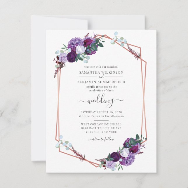 Invitación Boda de vegetación floral geométrica púrpura moder (Anverso)