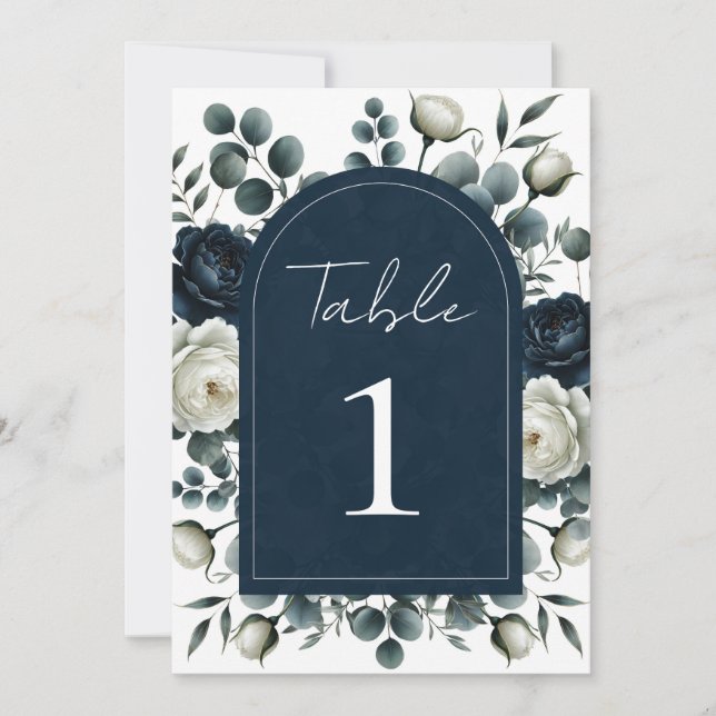 Invitación Boda de vegetación floral moderna, azul oscuro y b (Anverso)