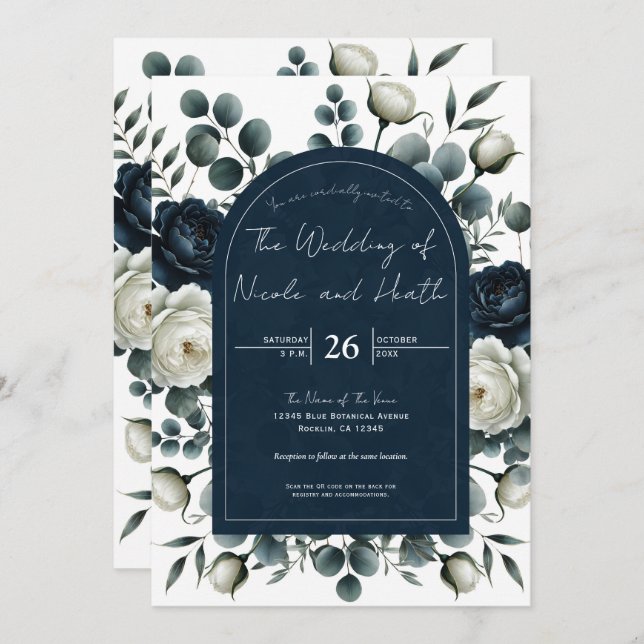 Invitación Boda de vegetación floral moderna, azul oscuro y b (Anverso / Reverso)