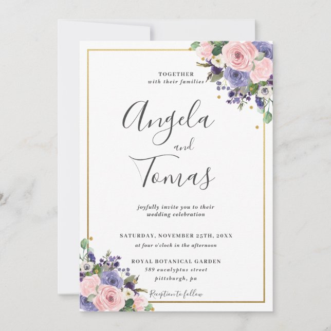 Invitación Boda de vegetación floral morada de lavanda rosa R (Anverso)