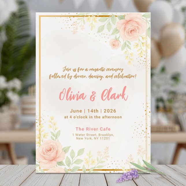 Invitación Boda de vegetación floral rosa con acentos dorados (Subido por el creador)