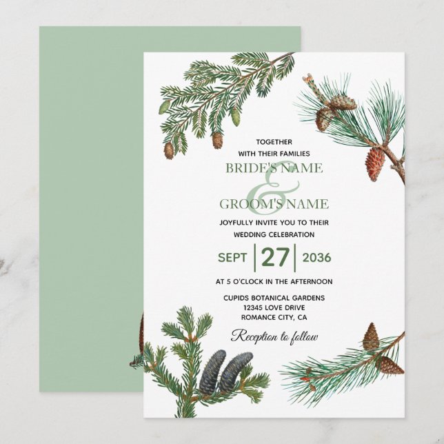 Invitación Boda de vegetación forestal de pinos rústicos (Anverso / Reverso)