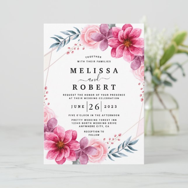 Invitación Boda de vegetación geométrica de floral rosa y tur (Anverso de pie)
