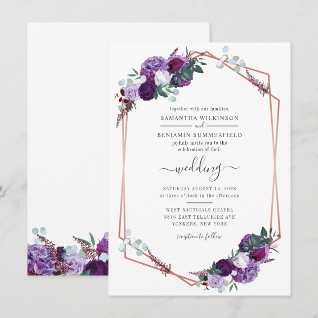 Invitación Boda de vegetación púrpura geométrica botánica flo (Anverso / Reverso)