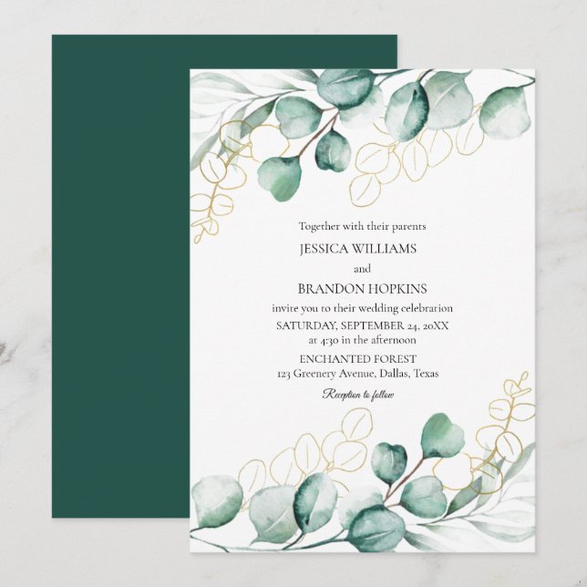 Invitación Boda de vegetación rústica de eucalipto botánico (Anverso / Reverso)