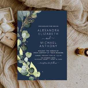 Invitación Boda de vegetación rústica de Navy Blue Eucalyptus