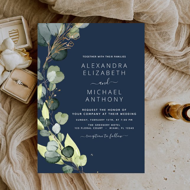 Invitación Boda de vegetación rústica de Navy Blue Eucalyptus (Subido por el creador)