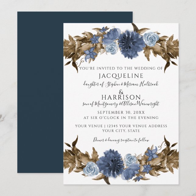 Invitación Boda de vegetación Sepia Dusty Blue Floral Fall (Anverso / Reverso)