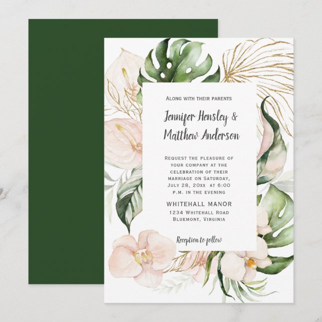 Invitación Boda de vegetación tropical floral rosa de Rubor (Anverso / Reverso)