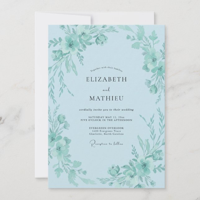 Invitación Boda de vegetación verde menta celeste (Anverso)