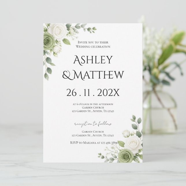 Invitación Boda de vegetación y flores blancas (Anverso de pie)