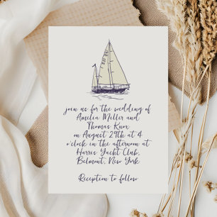 Invitación Boda de velero azul de la marina manuscrita capric