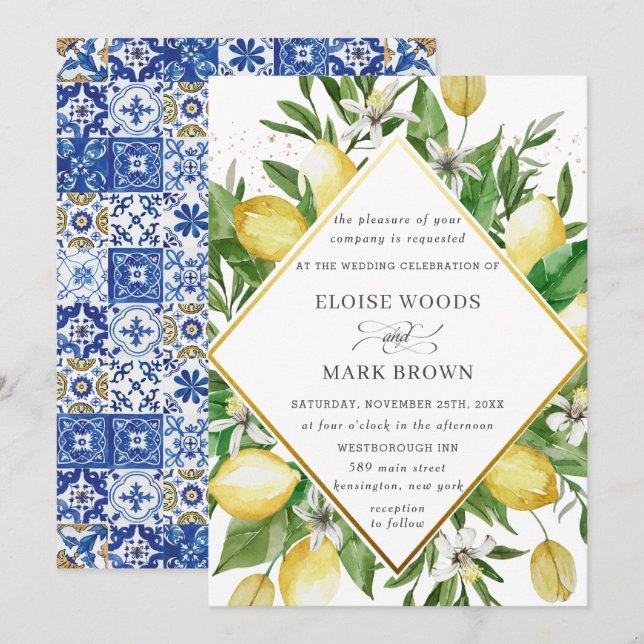 Invitación Boda de Veraneo Mediterráneo de Lemon Azure (Anverso / Reverso)